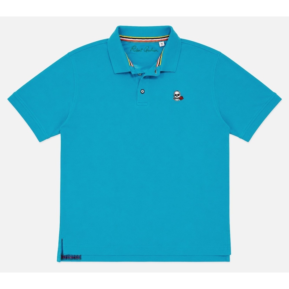 Robert Graham Men's Turquoise Polo  Embroidered Skull And Red Rose Logo, SZ  XL